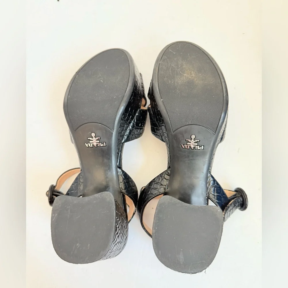 Prada Black Embossed Croc effect leather Quarter strap platform sandals EU 38 - Picture 8 of 9